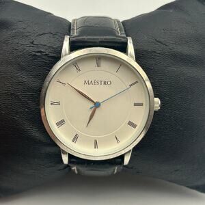 Maestro Men’s Watch Black Leather Working New Battery